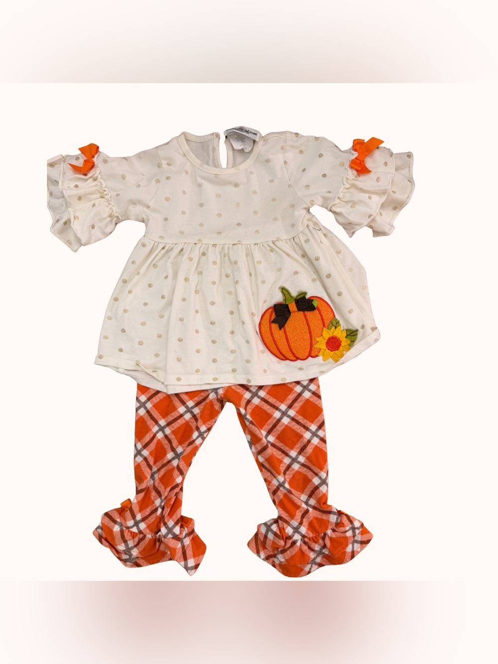 Rare Editions Cream & Orange Pumpkin Plaid Ruffle Outfit